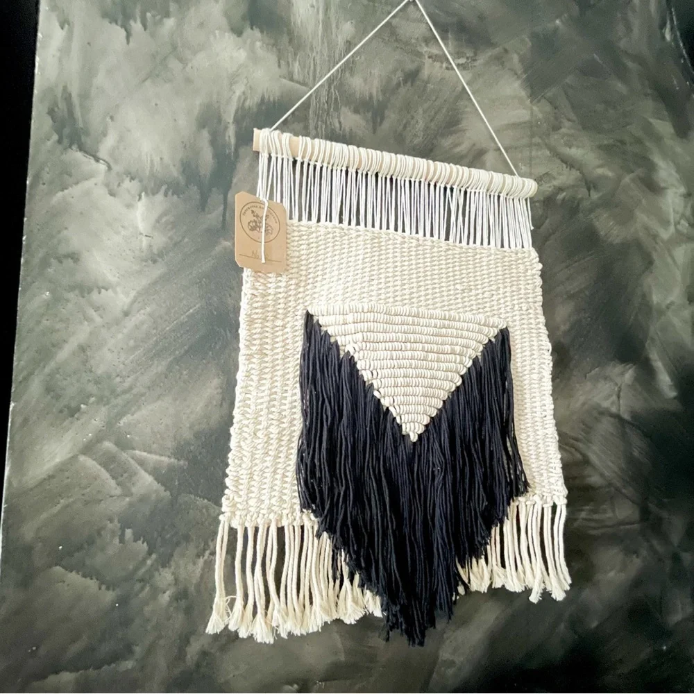 Large Modern Black and Ivory Macrame Wall Art